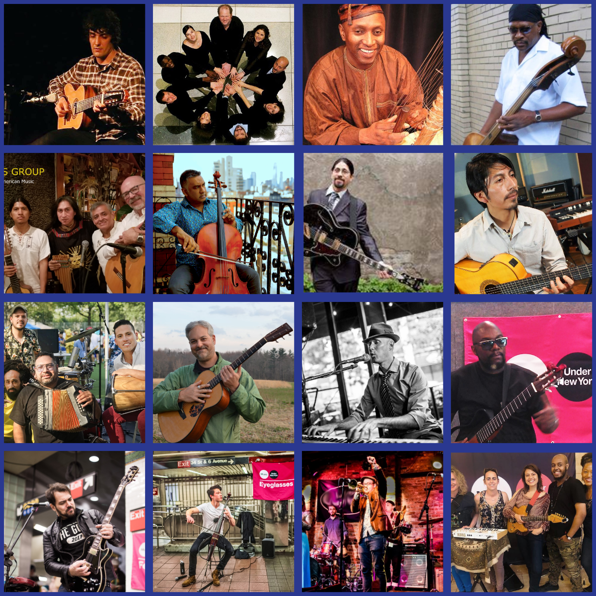 A grid of sixteen musical artists