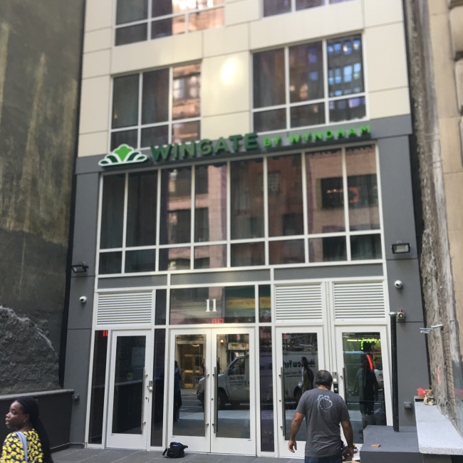 The entrance to the Wingate Hotel